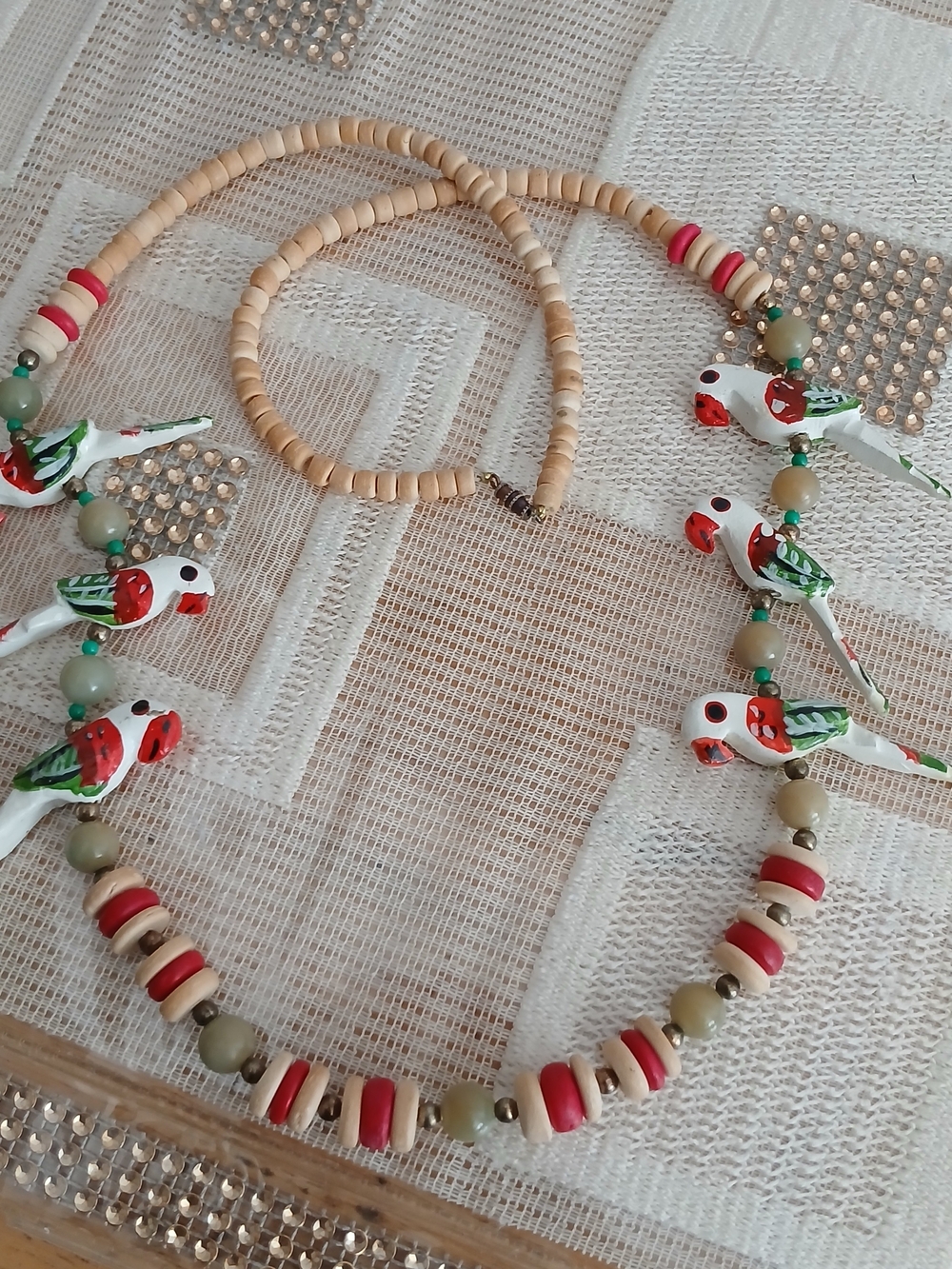 Handcrafted Parrot Bead Necklace - Red & Green Accent